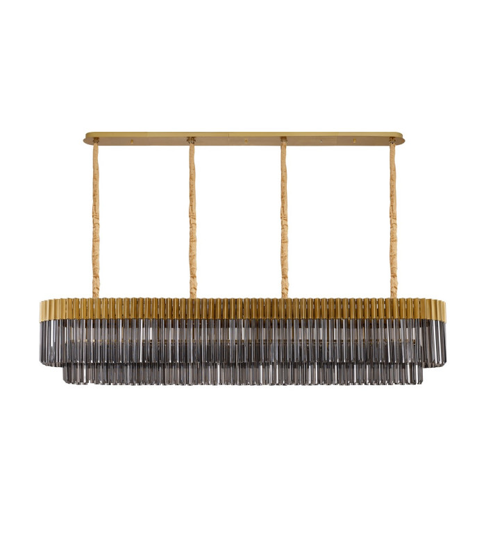 Poland 200 x 40cm Linear Pendant 10 Light E14 Brass/Smoked Sculpted Glass Item Weight: 53kg-4