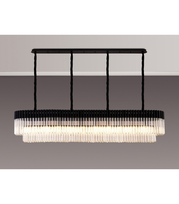 Poland 200 x 40cm Linear Pendant 10 Light E14 Matt Black/Clear Sculpted Glass Item Weight: 53kg-3
