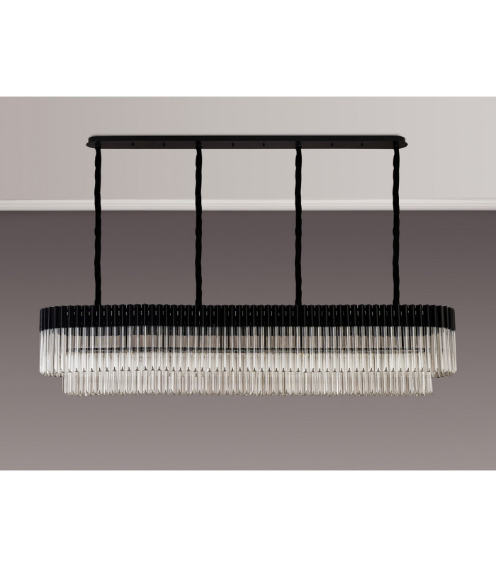 Poland 200 x 40cm Linear Pendant 10 Light E14 Matt Black/Clear Sculpted Glass Item Weight: 53kg-9