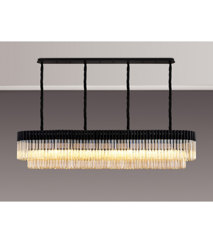 Poland 200 x 40cm Linear Pendant 10 Light E14 Matt Black/Cognac Sculpted Glass Item Weight: 53kg-3