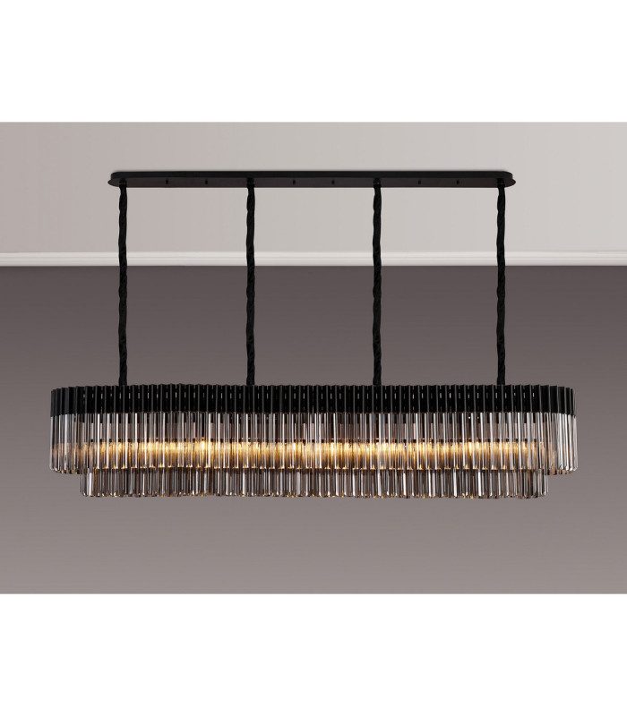 Poland 200 x 40cm Linear Pendant 10 Light E14 Matt Black/Smoked Sculpted Glass Item Weight: 53kg-3