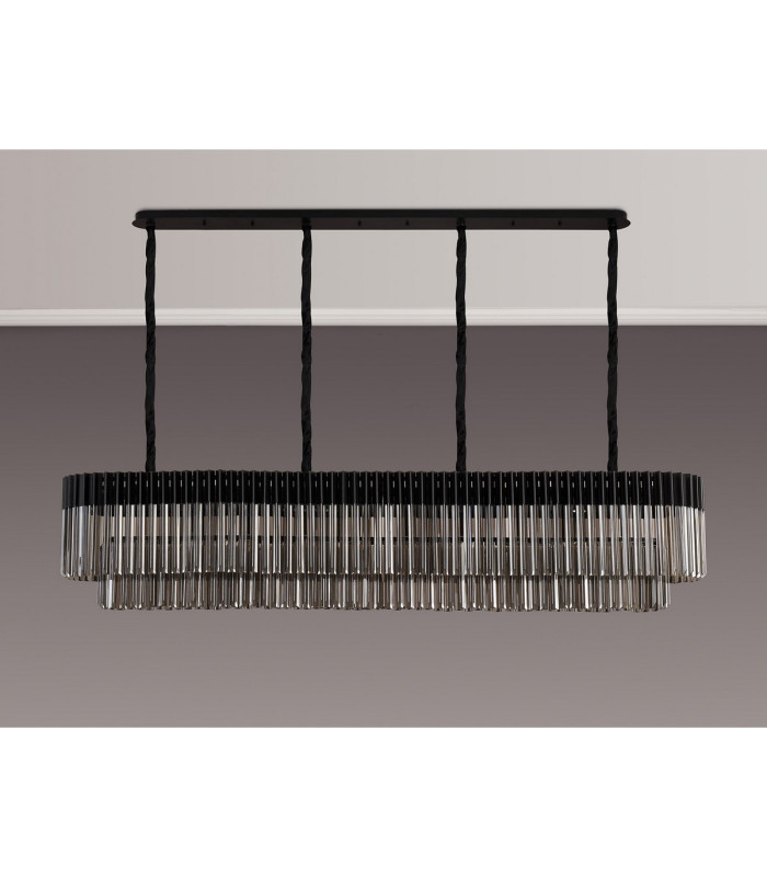 Poland 200 x 40cm Linear Pendant 10 Light E14 Matt Black/Smoked Sculpted Glass Item Weight: 53kg-9