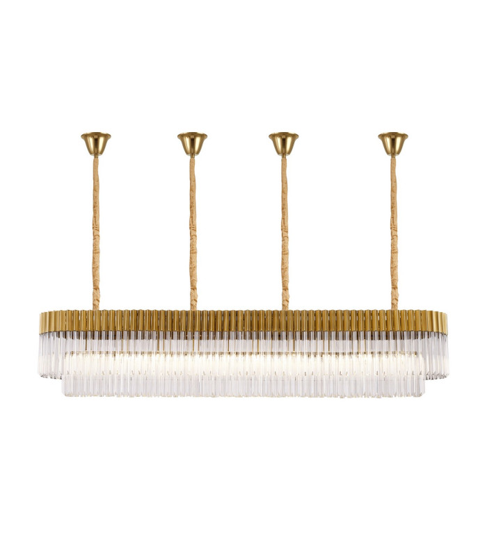 Poland 200 x 40cm Linear Pendant Bell Cup 10 Light E14 Brass/Clear Sculpted Glass Item Weight: 48kg-1