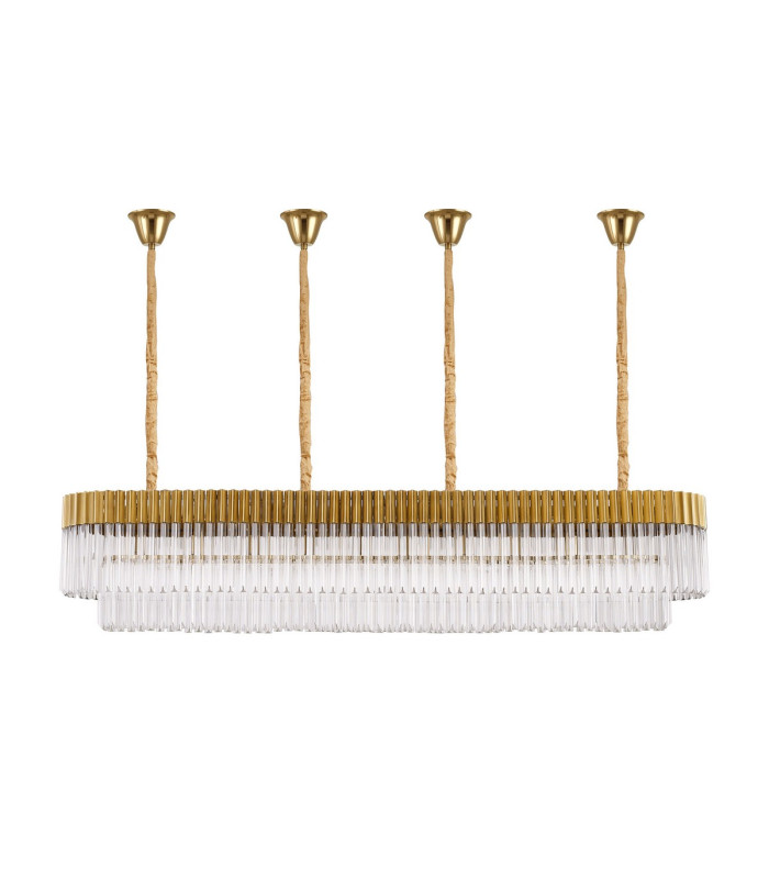 Poland 200 x 40cm Linear Pendant Bell Cup 10 Light E14 Brass/Clear Sculpted Glass Item Weight: 48kg-4