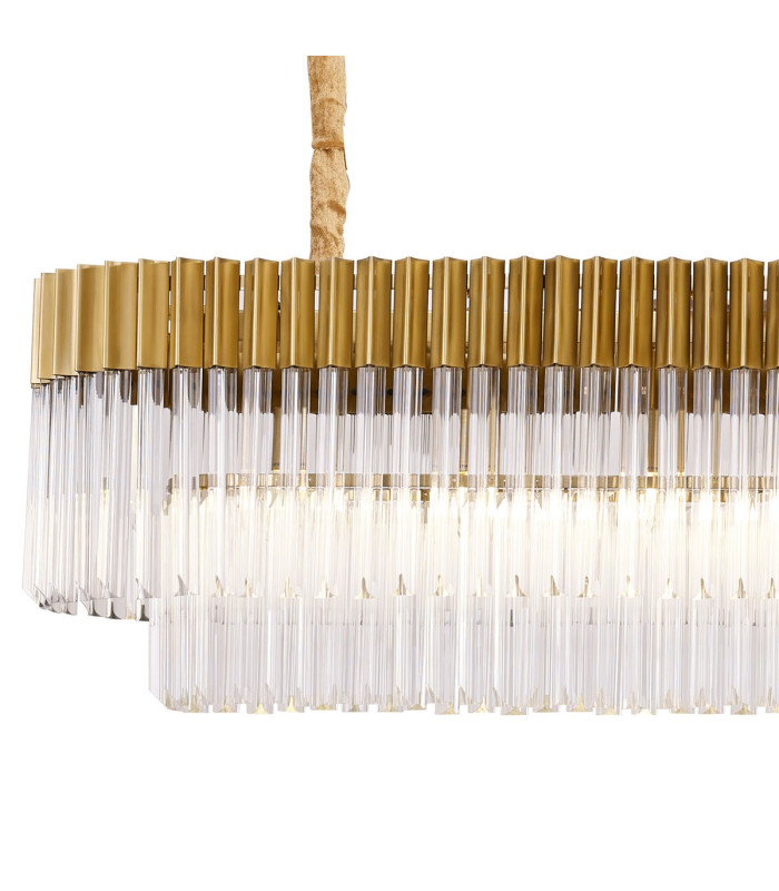 Poland 200 x 40cm Linear Pendant Bell Cup 10 Light E14 Brass/Clear Sculpted Glass Item Weight: 48kg-5