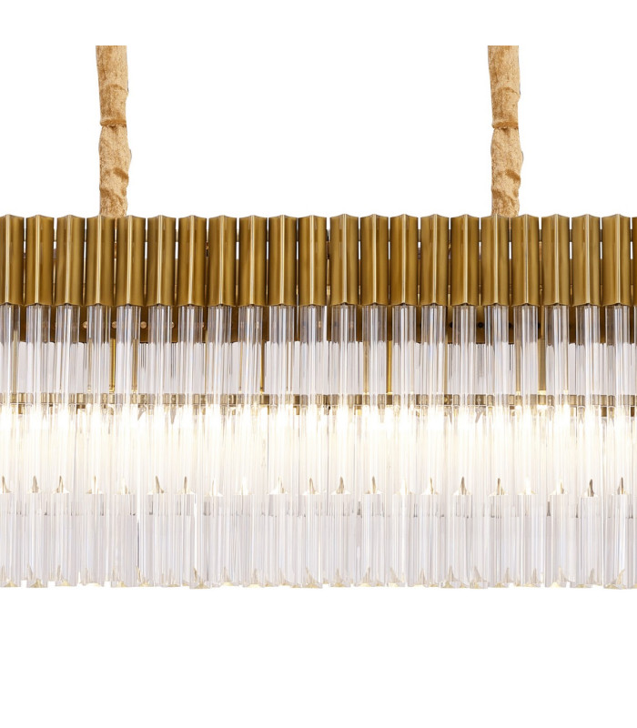 Poland 200 x 40cm Linear Pendant Bell Cup 10 Light E14 Brass/Clear Sculpted Glass Item Weight: 48kg-7