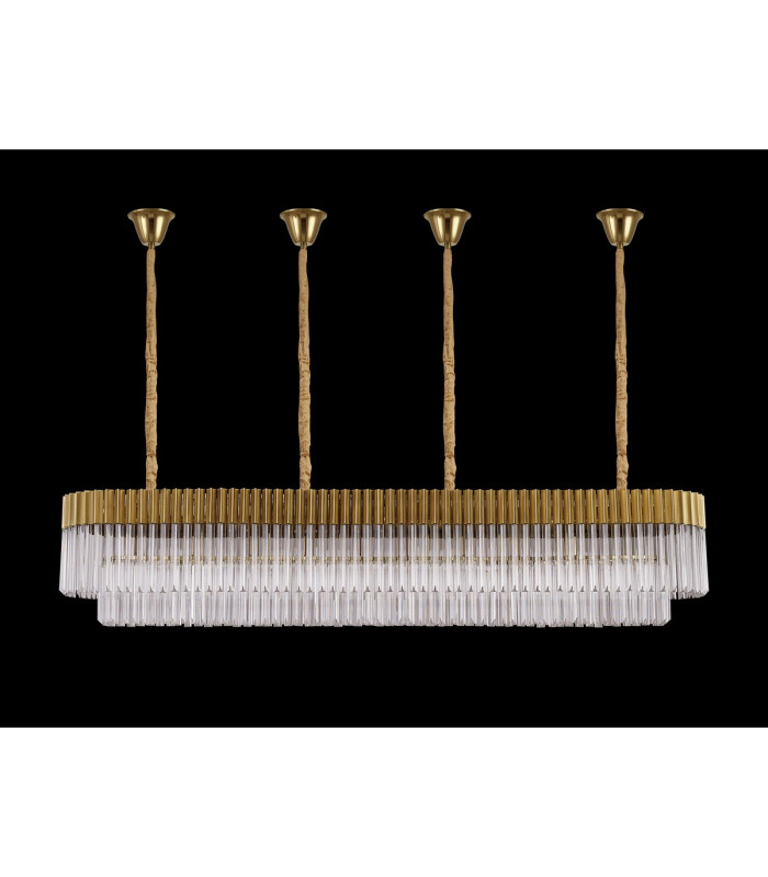 Poland 200 x 40cm Linear Pendant Bell Cup 10 Light E14 Brass/Clear Sculpted Glass Item Weight: 48kg-9