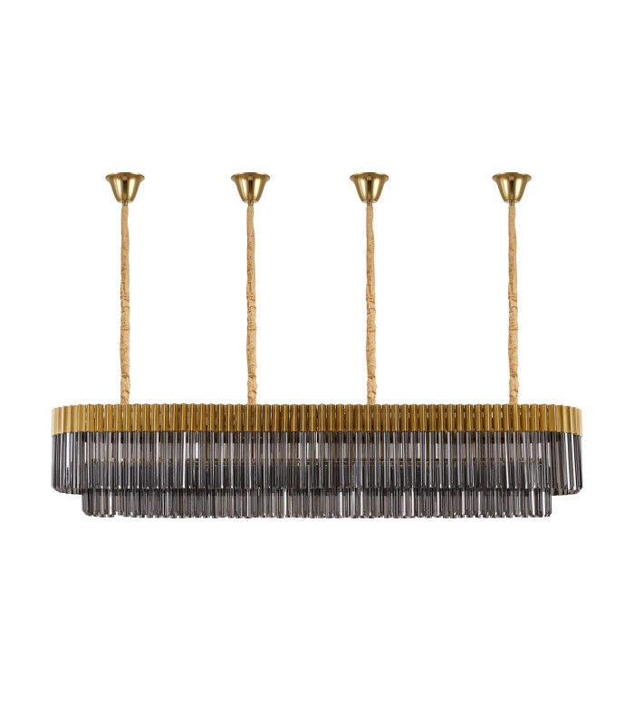 Poland 200 x 40cm Linear Pendant Bell Cup 10 Light E14 Brass/Smoked Sculpted Glass Item Weight: 48kg-4