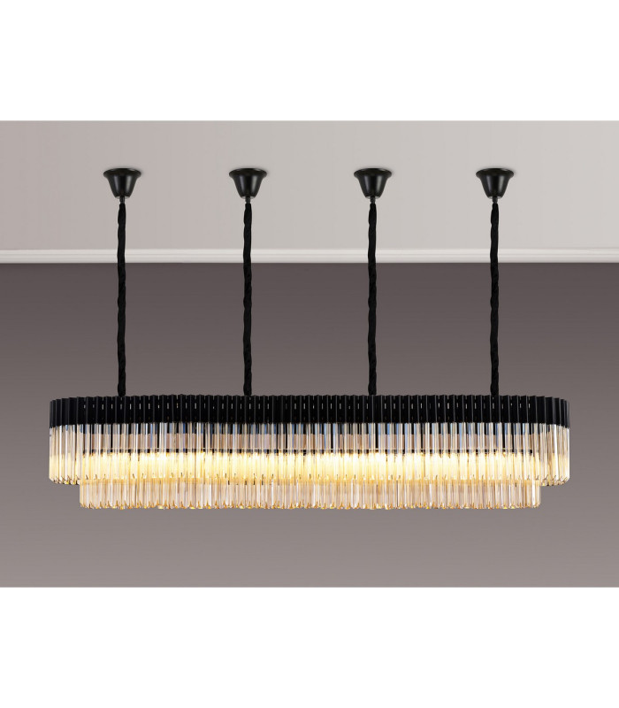 Poland 200 x 40cm Linear Pendant Bell Cup 10 Light E14 Matt Black/Cognac Sculpted Glass Item Weight: 48kg-3