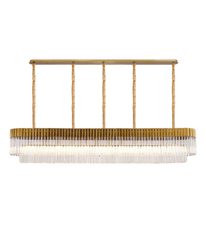 Poland 225 x 40cm Linear Pendant 12 Light E14 Brass/Clear Sculpted Glass Item Weight: 60kg-1