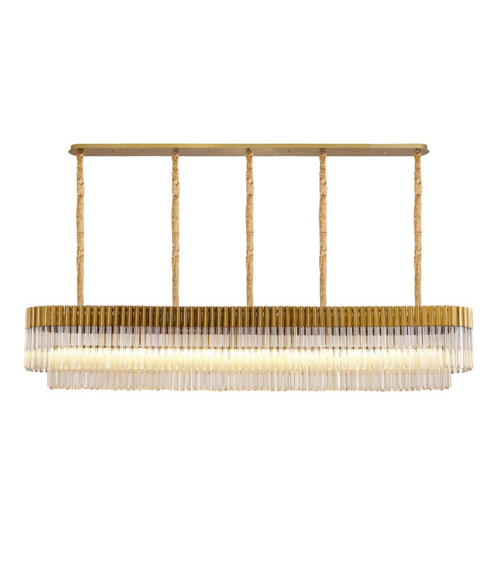 Poland 225 x 40cm Linear Pendant 12 Light E14 Brass/Cognac Sculpted Glass Item Weight: 60kg-1