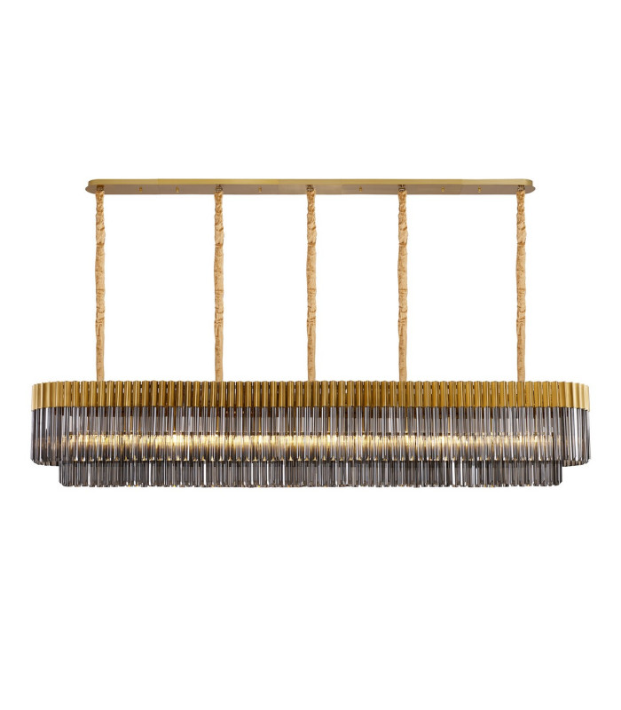 Poland 225 x 40cm Linear Pendant 12 Light E14 Brass/Smoked Sculpted Glass Item Weight: 60kg-1