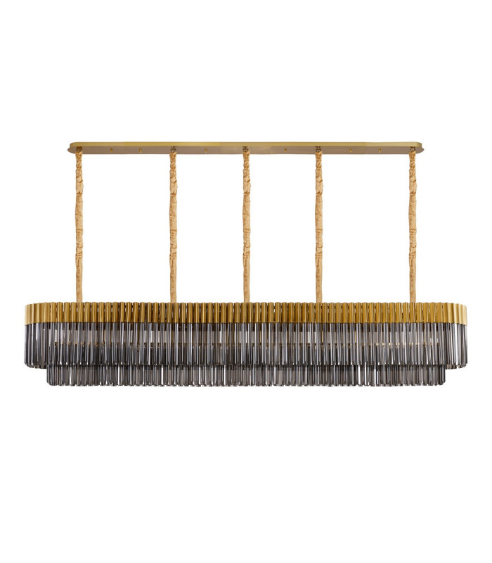 Poland 225 x 40cm Linear Pendant 12 Light E14 Brass/Smoked Sculpted Glass Item Weight: 60kg-4