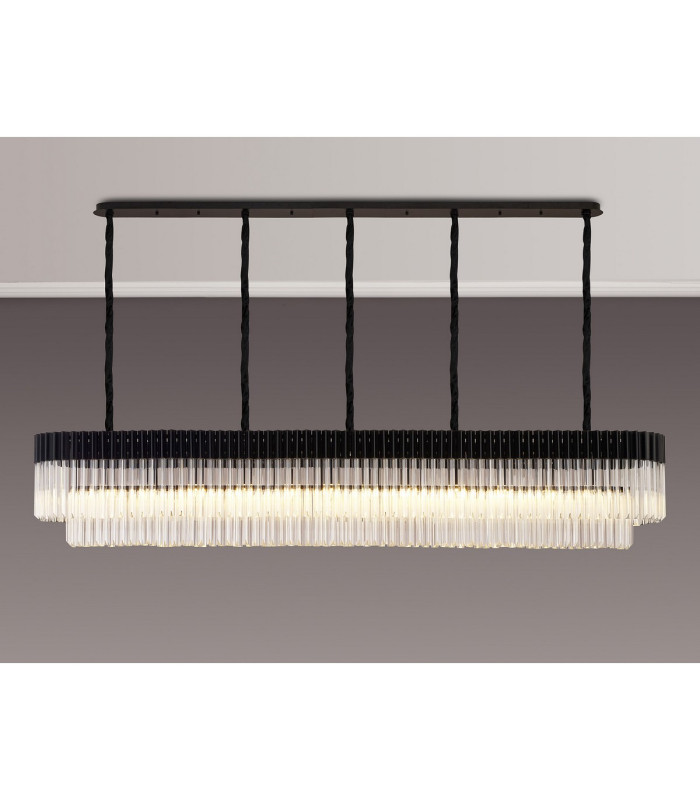 Poland 225 x 40cm Linear Pendant 12 Light E14 Matt Black/Clear Sculpted Glass Item Weight: 60kg-3