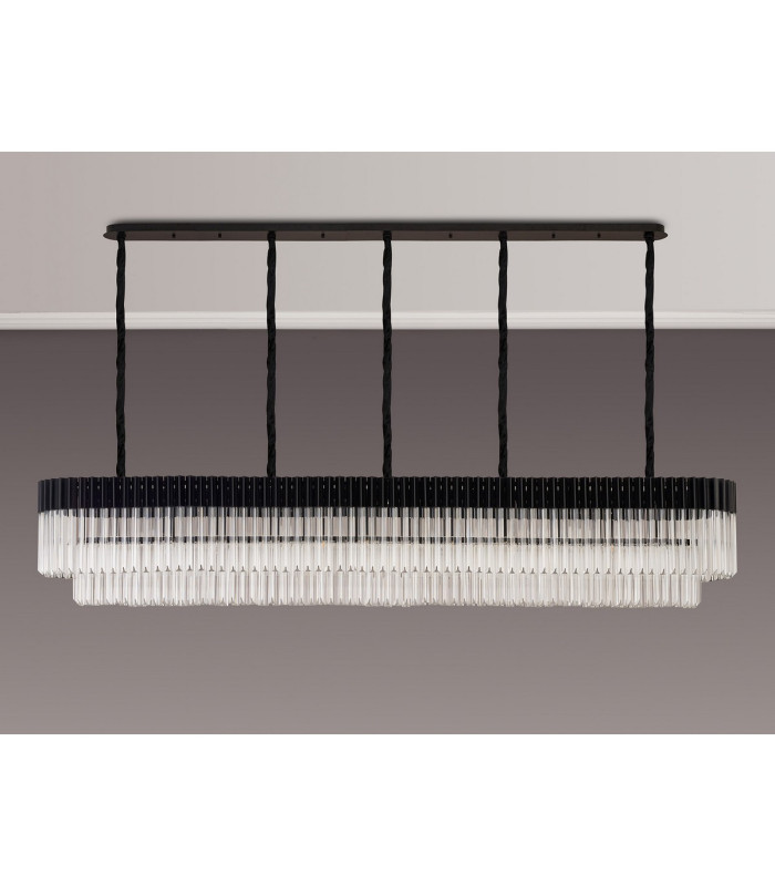 Poland 225 x 40cm Linear Pendant 12 Light E14 Matt Black/Clear Sculpted Glass Item Weight: 60kg-9