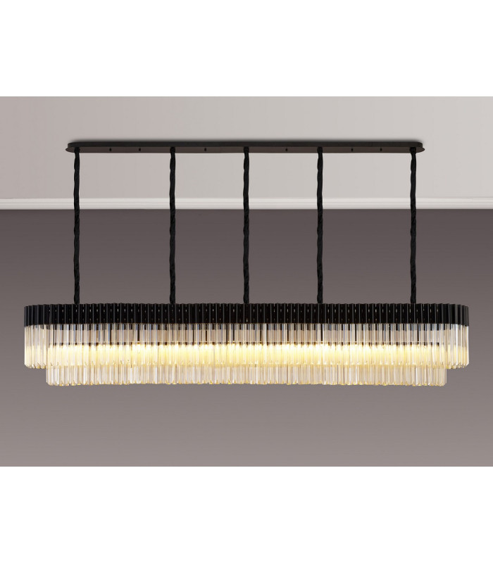 Poland 225 x 40cm Linear Pendant 12 Light E14 Matt Black/Cognac Sculpted Glass Item Weight: 60kg-3