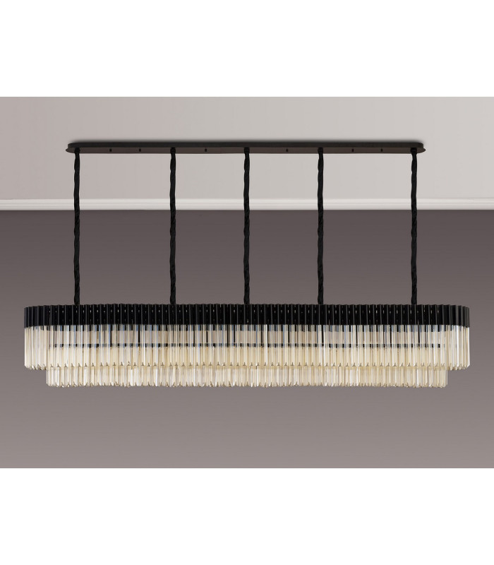 Poland 225 x 40cm Linear Pendant 12 Light E14 Matt Black/Cognac Sculpted Glass Item Weight: 60kg-9