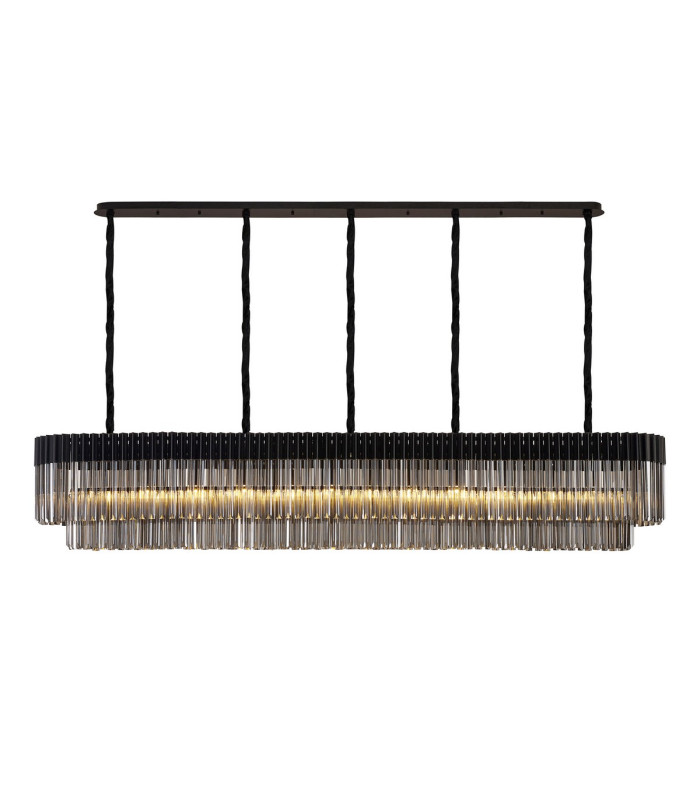 Poland 225 x 40cm Linear Pendant 12 Light E14 Matt Black/Smoked Sculpted Glass Item Weight: 60kg-1