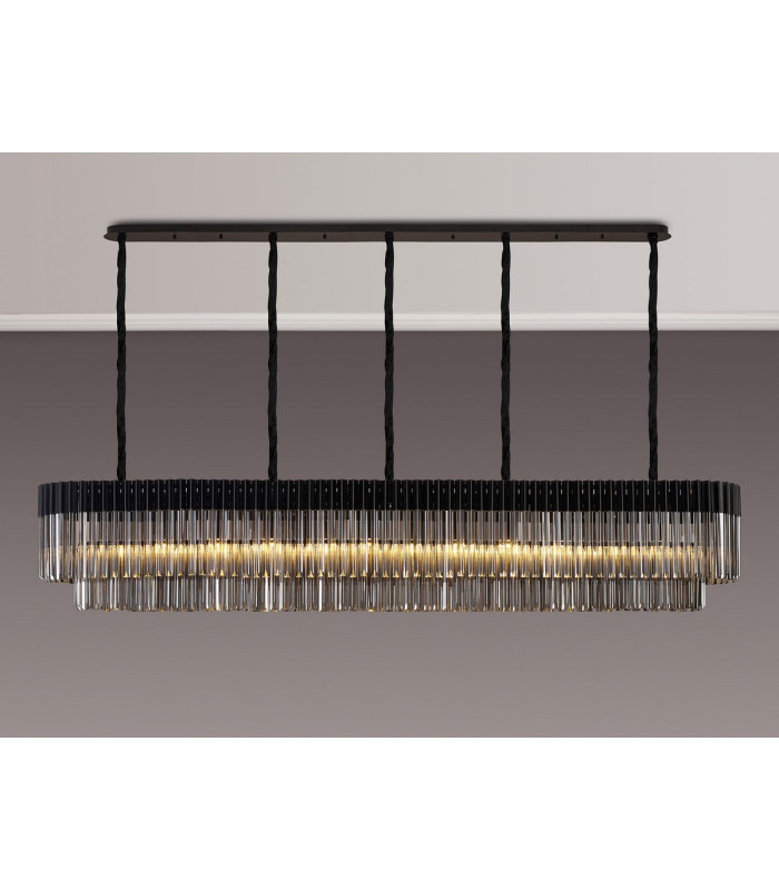 Poland 225 x 40cm Linear Pendant 12 Light E14 Matt Black/Smoked Sculpted Glass Item Weight: 60kg-3