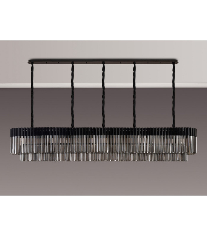 Poland 225 x 40cm Linear Pendant 12 Light E14 Matt Black/Smoked Sculpted Glass Item Weight: 60kg-9