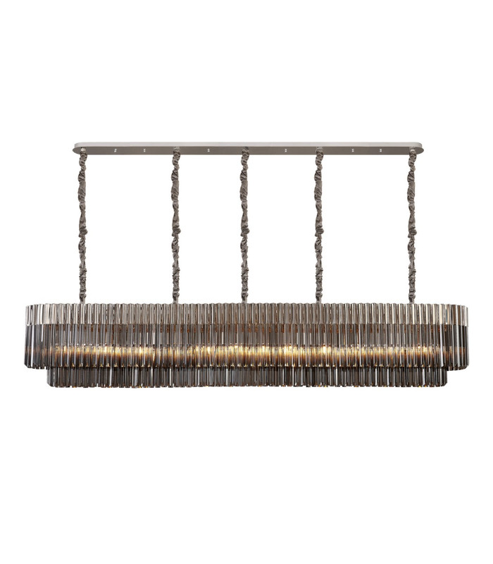 Poland 225 x 40cm Linear Pendant 12 Light E14 Polished Nickel/Smoked Sculpted Glass Item Weight: 60kg-1