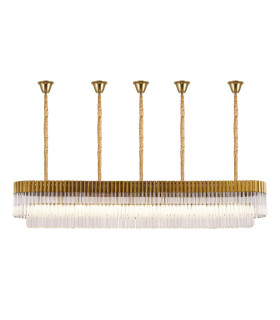 Poland 225 x 40cm Linear Pendant Bell Cup 12 Light E14 Brass/Clear Sculpted Glass Item Weight: 56kg-1