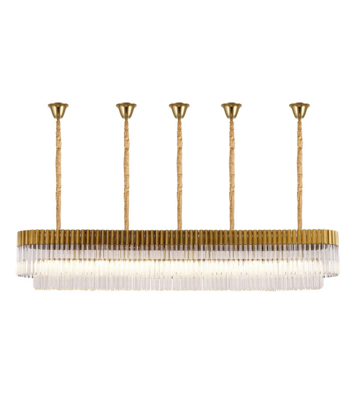 Poland 225 x 40cm Linear Pendant Bell Cup 12 Light E14 Brass/Clear Sculpted Glass Item Weight: 56kg-1