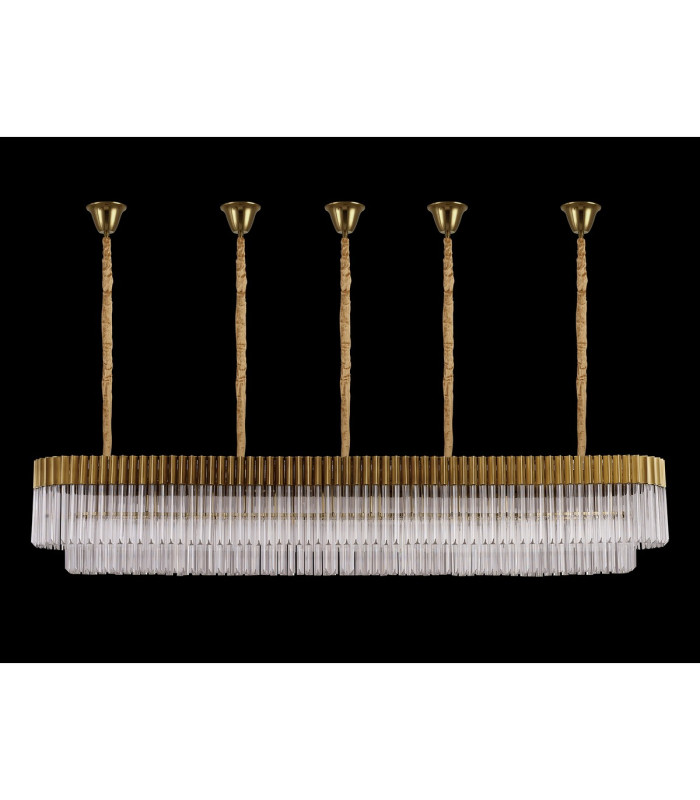 Poland 225 x 40cm Linear Pendant Bell Cup 12 Light E14 Brass/Clear Sculpted Glass Item Weight: 56kg-9