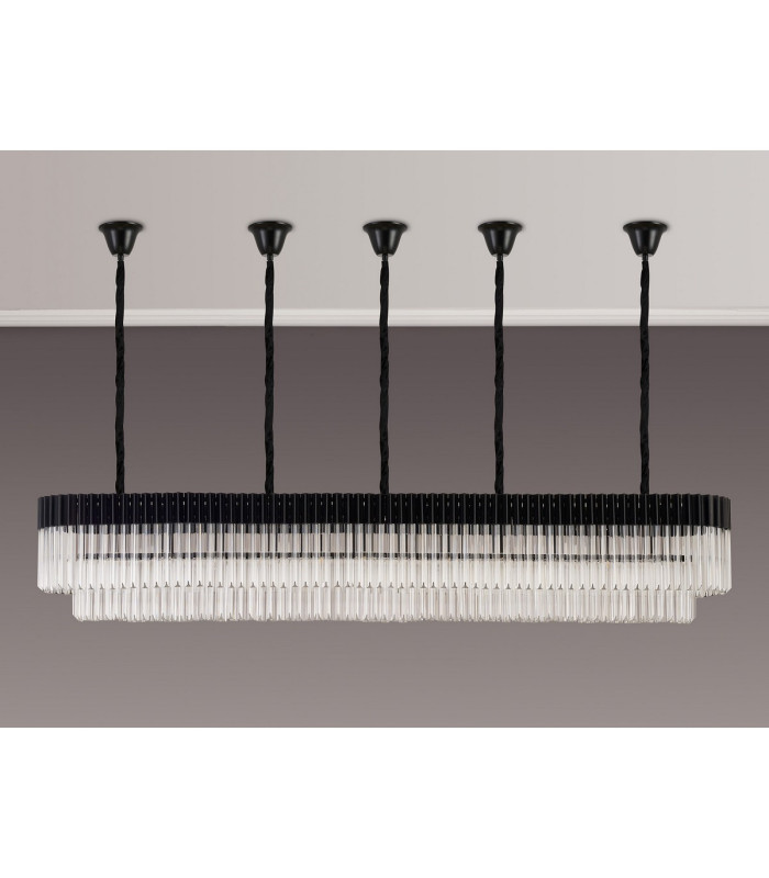 Poland 225 x 40cm Linear Pendant Bell Cup 12 Light E14 Matt Black/Clear Sculpted Glass Item Weight: 56kg-9