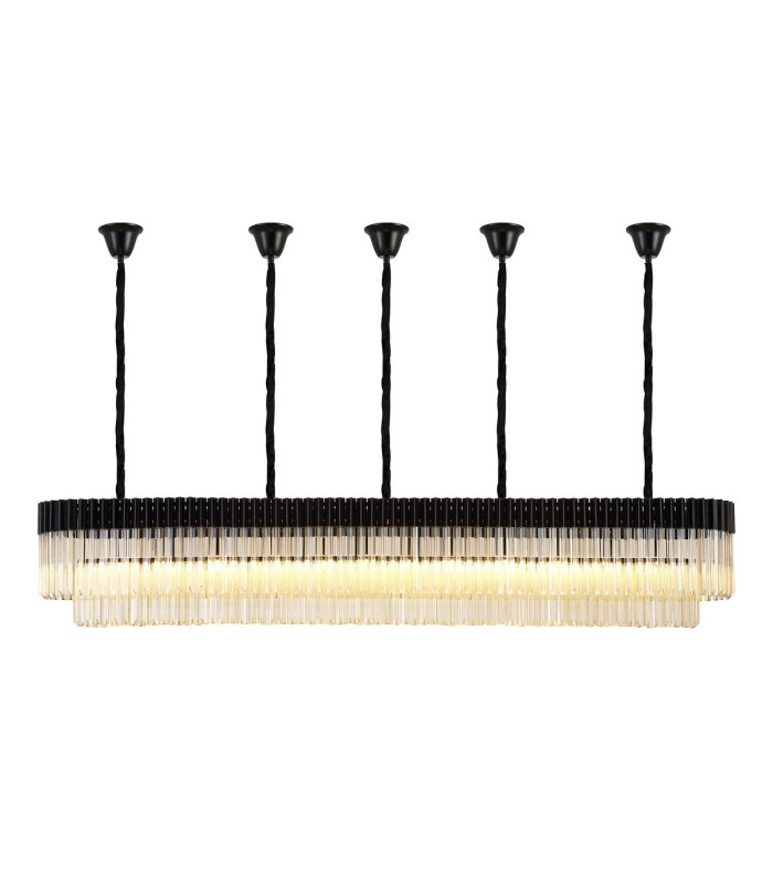 Poland 225 x 40cm Linear Pendant Bell Cup 12 Light E14 Matt Black/Cognac Sculpted Glass Item Weight: 56kg-1