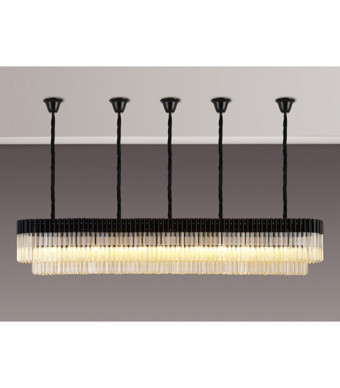Poland 225 x 40cm Linear Pendant Bell Cup 12 Light E14 Matt Black/Cognac Sculpted Glass Item Weight: 56kg-3