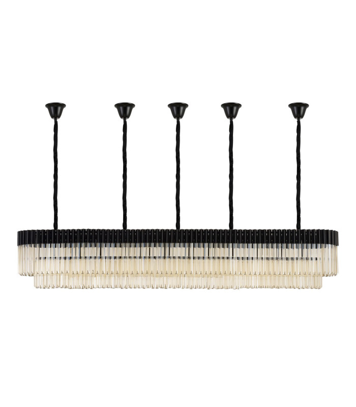 Poland 225 x 40cm Linear Pendant Bell Cup 12 Light E14 Matt Black/Cognac Sculpted Glass Item Weight: 56kg-4
