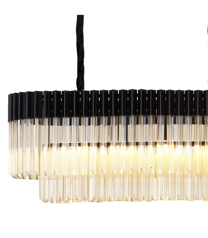 Poland 225 x 40cm Linear Pendant Bell Cup 12 Light E14 Matt Black/Cognac Sculpted Glass Item Weight: 56kg-5