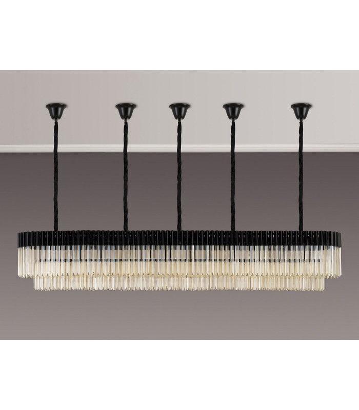Poland 225 x 40cm Linear Pendant Bell Cup 12 Light E14 Matt Black/Cognac Sculpted Glass Item Weight: 56kg-9