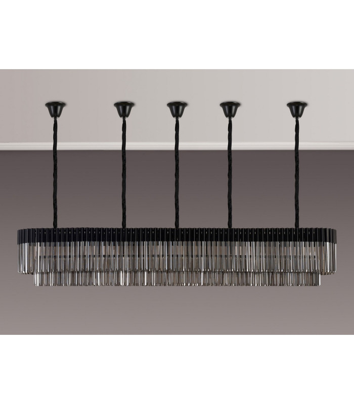 Poland 225 x 40cm Linear Pendant Bell Cup 12 Light E14 Matt Black/Smoked Sculpted Glass Item Weight: 56kg-9