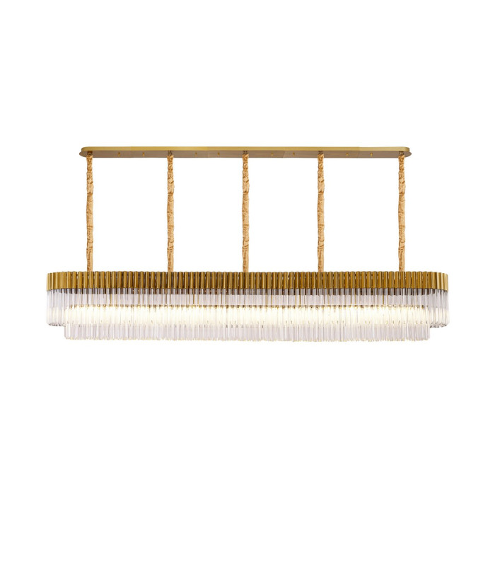 Poland 250 x 40cm Linear Pendant 13 Light E14 Brass/Clear Sculpted Glass Item Weight: 67kg-1