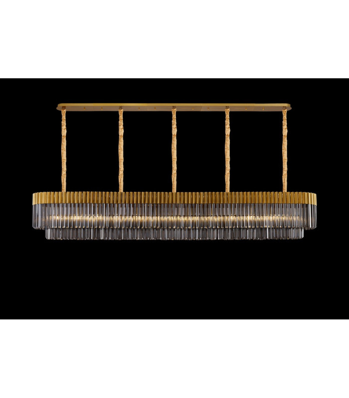 Poland 250 x 40cm Linear Pendant 13 Light E14 Brass/Smoked Sculpted Glass Item Weight: 67kg-3