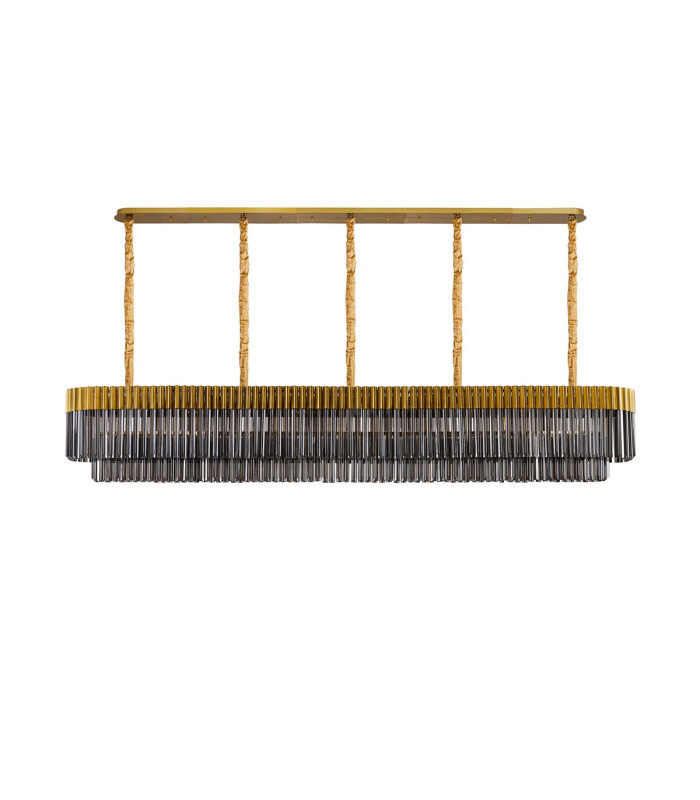 Poland 250 x 40cm Linear Pendant 13 Light E14 Brass/Smoked Sculpted Glass Item Weight: 67kg-4