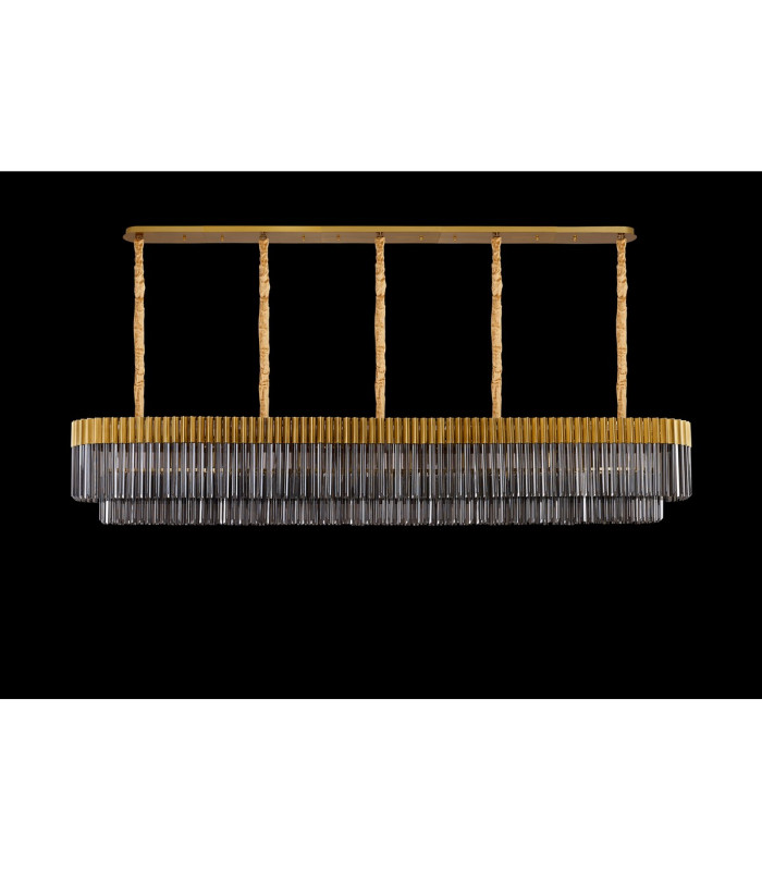 Poland 250 x 40cm Linear Pendant 13 Light E14 Brass/Smoked Sculpted Glass Item Weight: 67kg-9