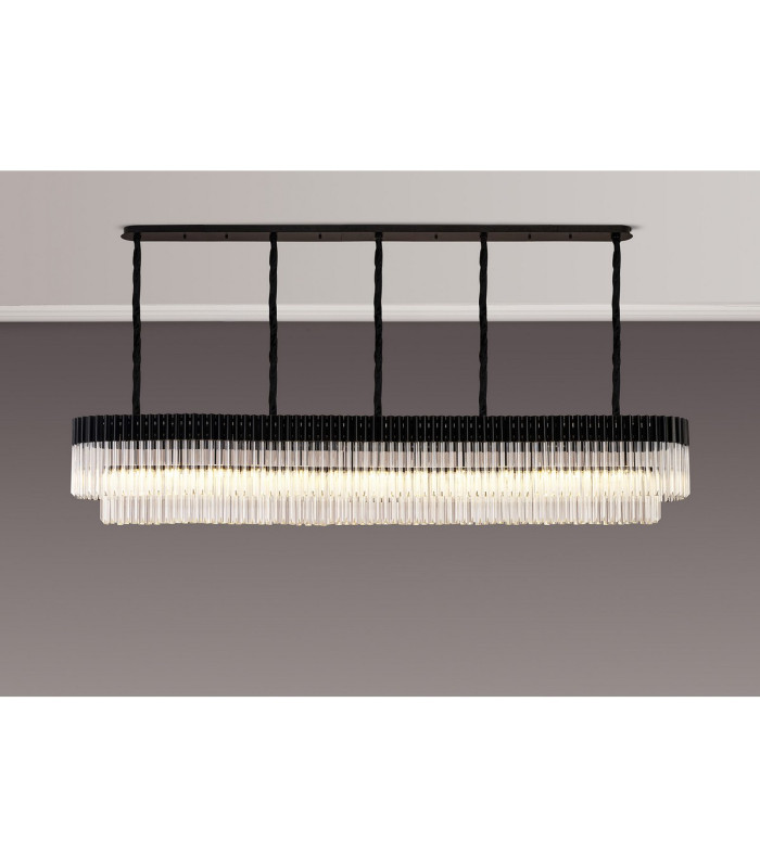 Poland 250 x 40cm Linear Pendant 13 Light E14 Matt Black/Clear Sculpted Glass Item Weight: 67kg-3