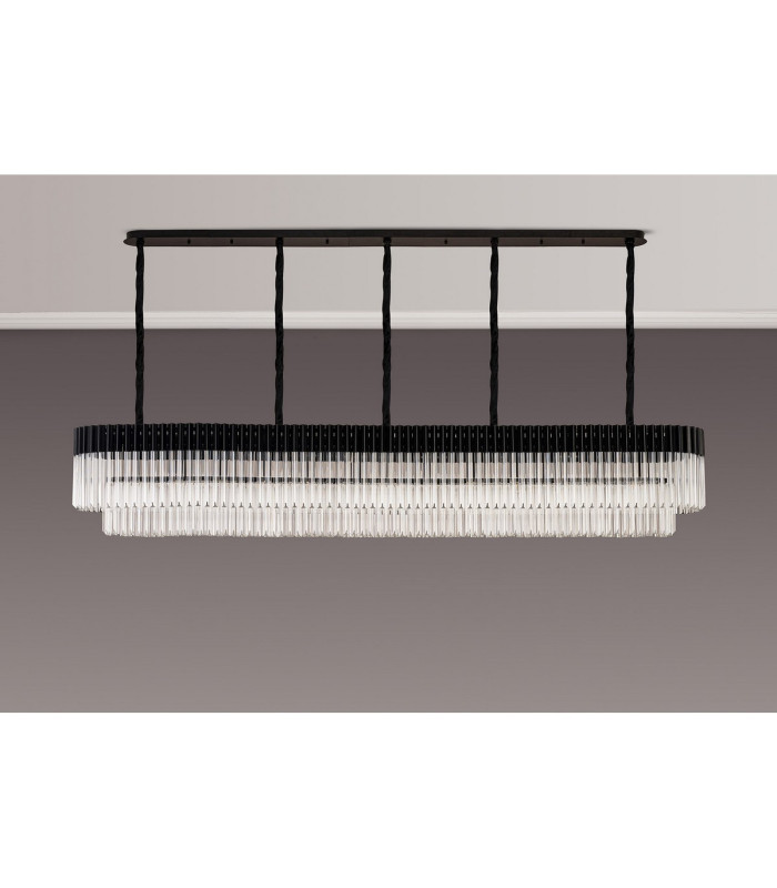 Poland 250 x 40cm Linear Pendant 13 Light E14 Matt Black/Clear Sculpted Glass Item Weight: 67kg-9