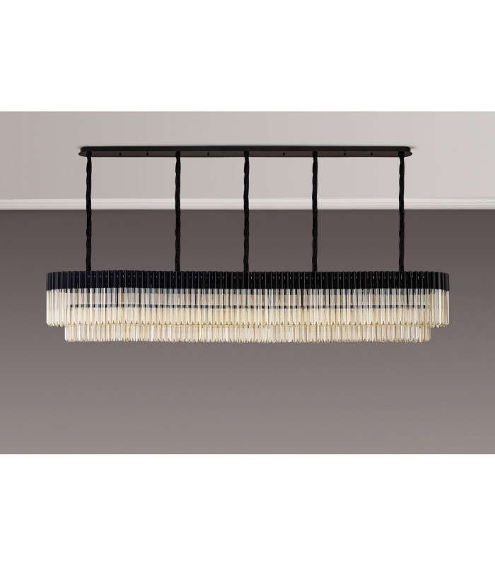 Poland 250 x 40cm Linear Pendant 13 Light E14 Matt Black/Cognac Sculpted Glass Item Weight: 67kg-9