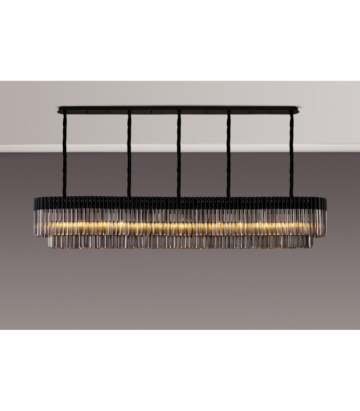Poland 250 x 40cm Linear Pendant 13 Light E14 Matt Black/Smoked Sculpted Glass Item Weight: 67kg-3