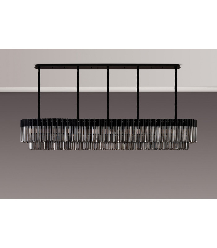 Poland 250 x 40cm Linear Pendant 13 Light E14 Matt Black/Smoked Sculpted Glass Item Weight: 67kg-9