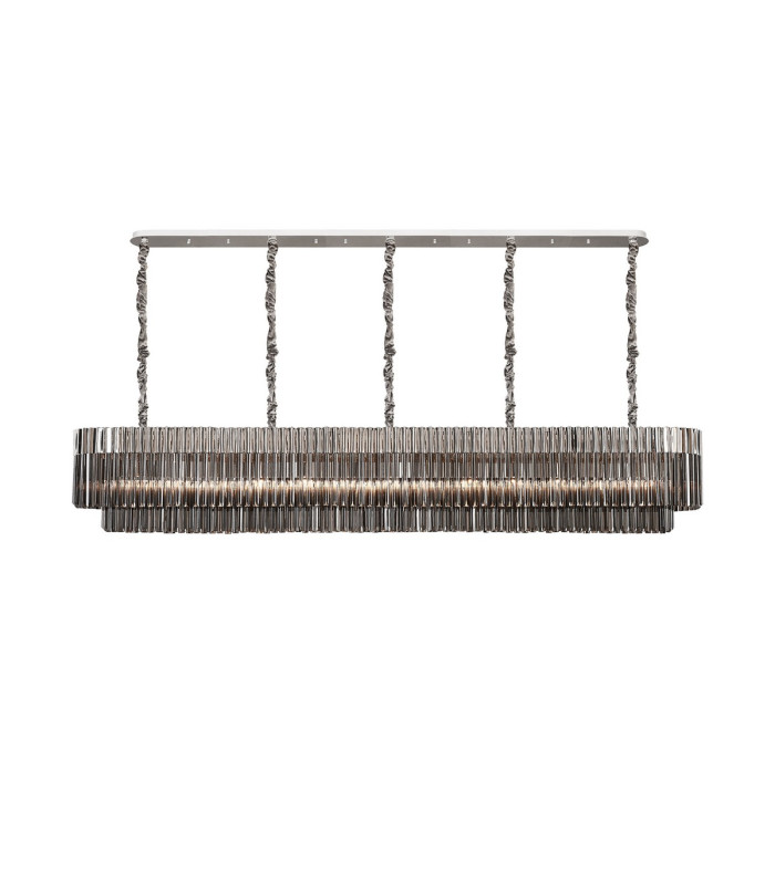 Poland 250 x 40cm Linear Pendant 13 Light E14 Polished Nickel/Smoked Sculpted Glass Item Weight: 67kg-1