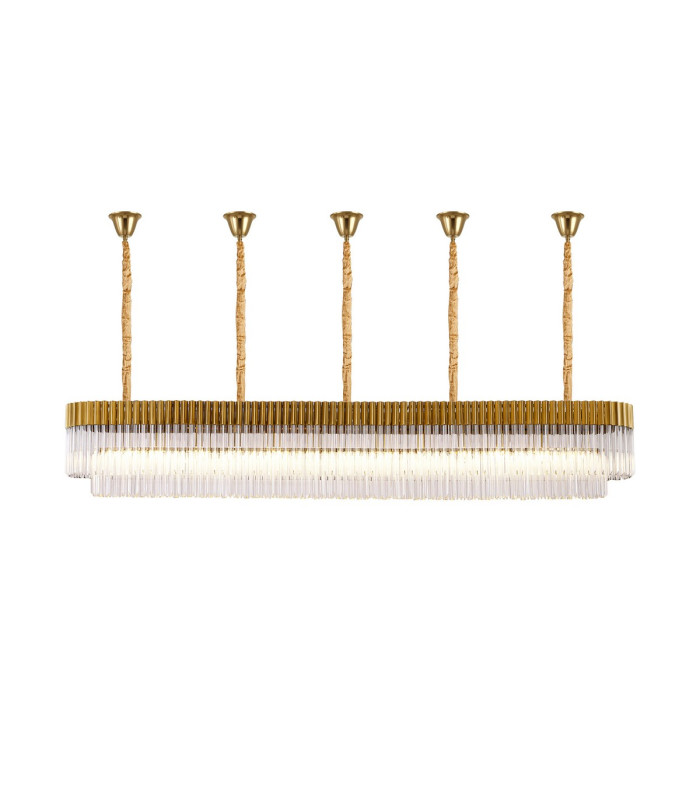 Poland 250 x 40cm Linear Pendant Bell Cup 13 Light E14 Brass/Clear Sculpted Glass Item Weight: 61kg-1