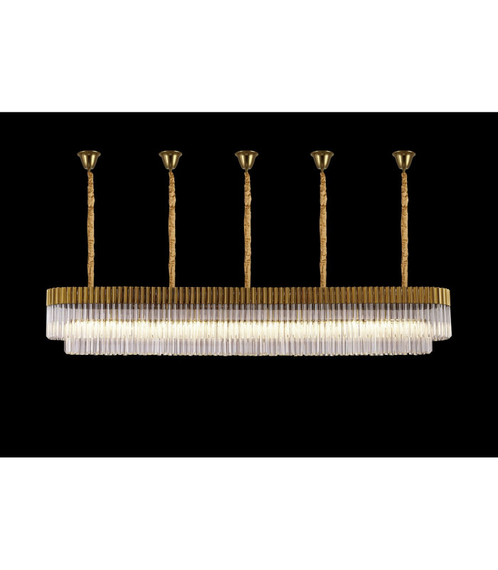 Poland 250 x 40cm Linear Pendant Bell Cup 13 Light E14 Brass/Clear Sculpted Glass Item Weight: 61kg-3