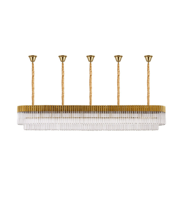 Poland 250 x 40cm Linear Pendant Bell Cup 13 Light E14 Brass/Clear Sculpted Glass Item Weight: 61kg-4