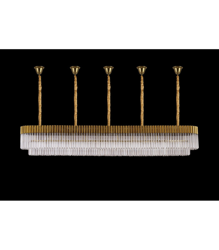 Poland 250 x 40cm Linear Pendant Bell Cup 13 Light E14 Brass/Clear Sculpted Glass Item Weight: 61kg-9