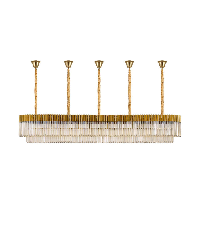 Poland 250 x 40cm Linear Pendant Bell Cup 13 Light E14 Brass/Cognac Sculpted Glass Item Weight: 61kg-4